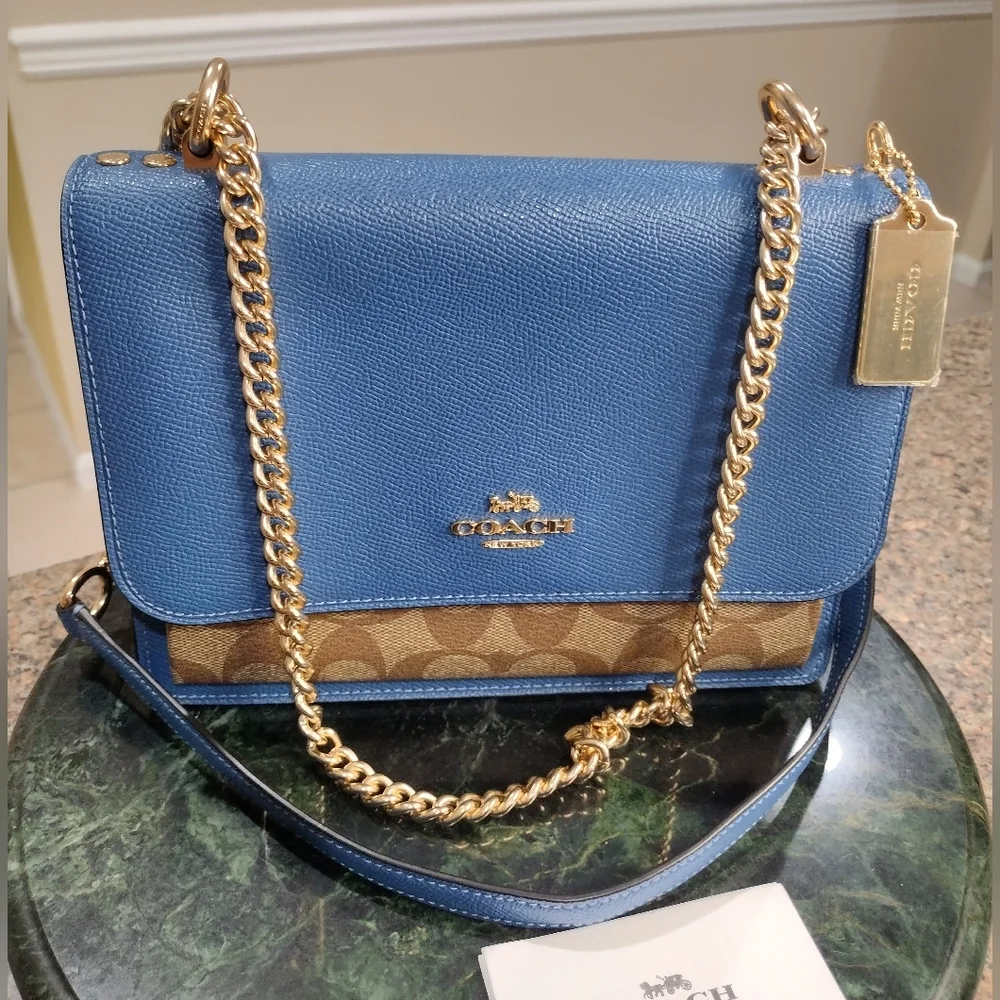 NWOT COACH Klare Blue/ Brown Signature Gold /Leather Chain Strap